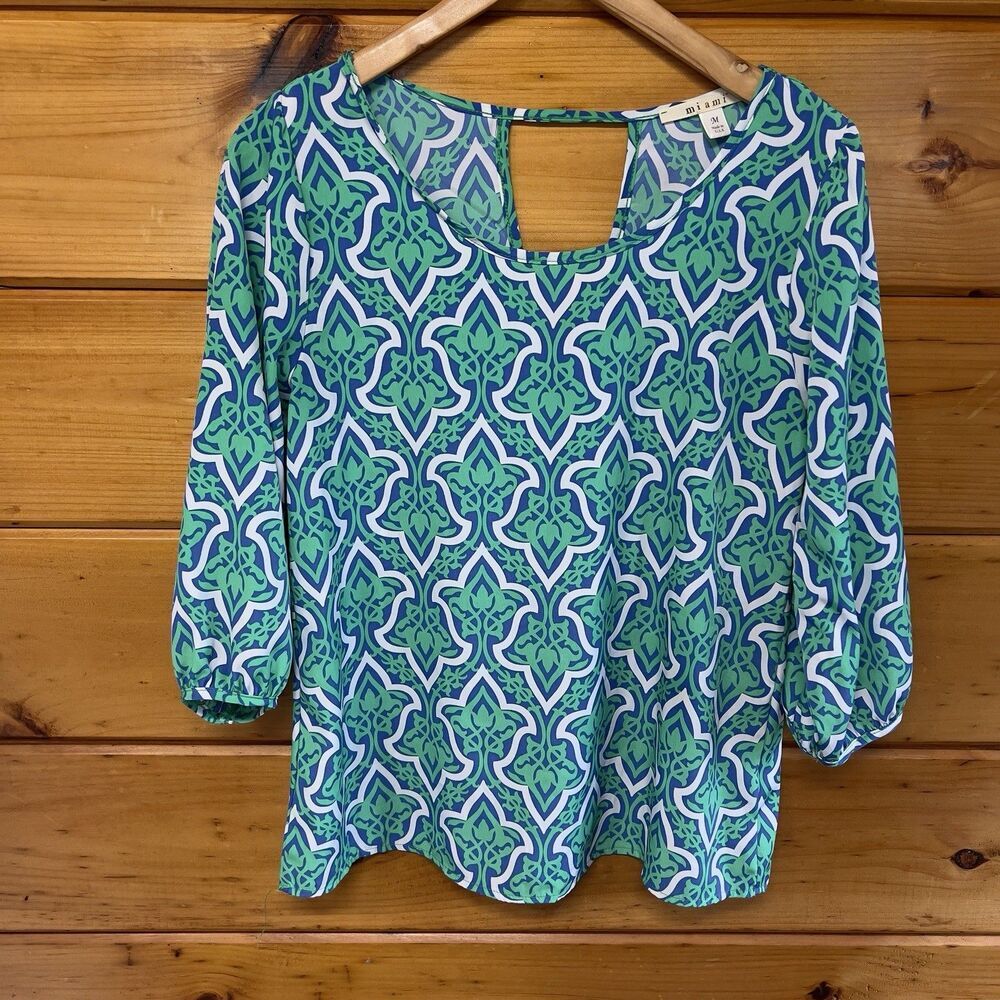 Women's Miami Green, Blue, White Patterned 3/4 Sleeve Shirt, Size Medium